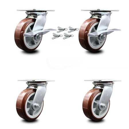 Service Caster 6 Inch Polyurethane Caster Set with Roller Bearing 4 Swivel Lock and 2 Brake SCC SCC-35S620-PPUR-SLB-BSL-2-BSL-2